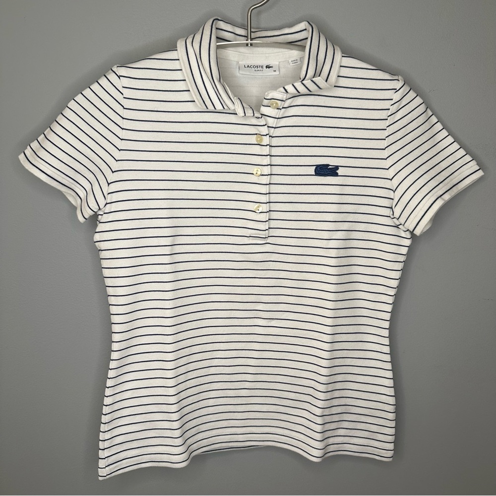 NWOT Lacoste Slim Fit White and Navy Short Sleeve Polo — Size 36